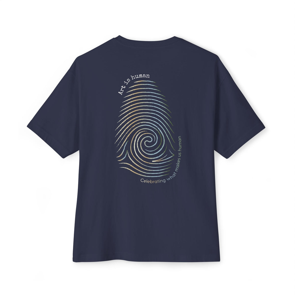 A navy short-sleeve t-shirt shown from the back, featuring a large graphic print of a spiral fingerprint in a multi gradient with the text 'Art Is human' and 'Celebrating what makes us human'.