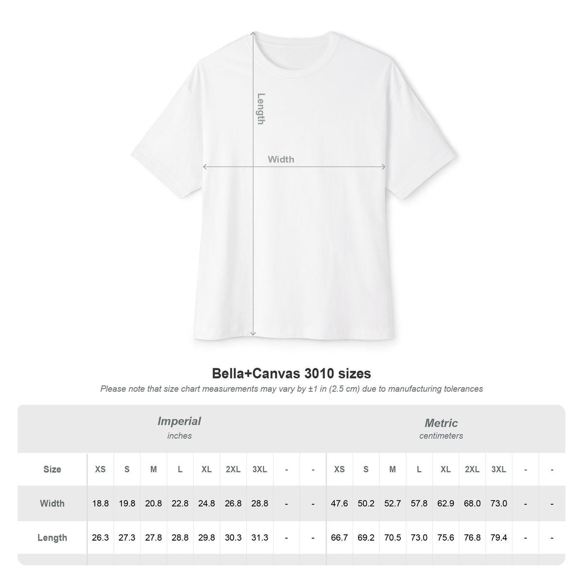 Bella + Canvas size chart with picture of white tshirt on white background