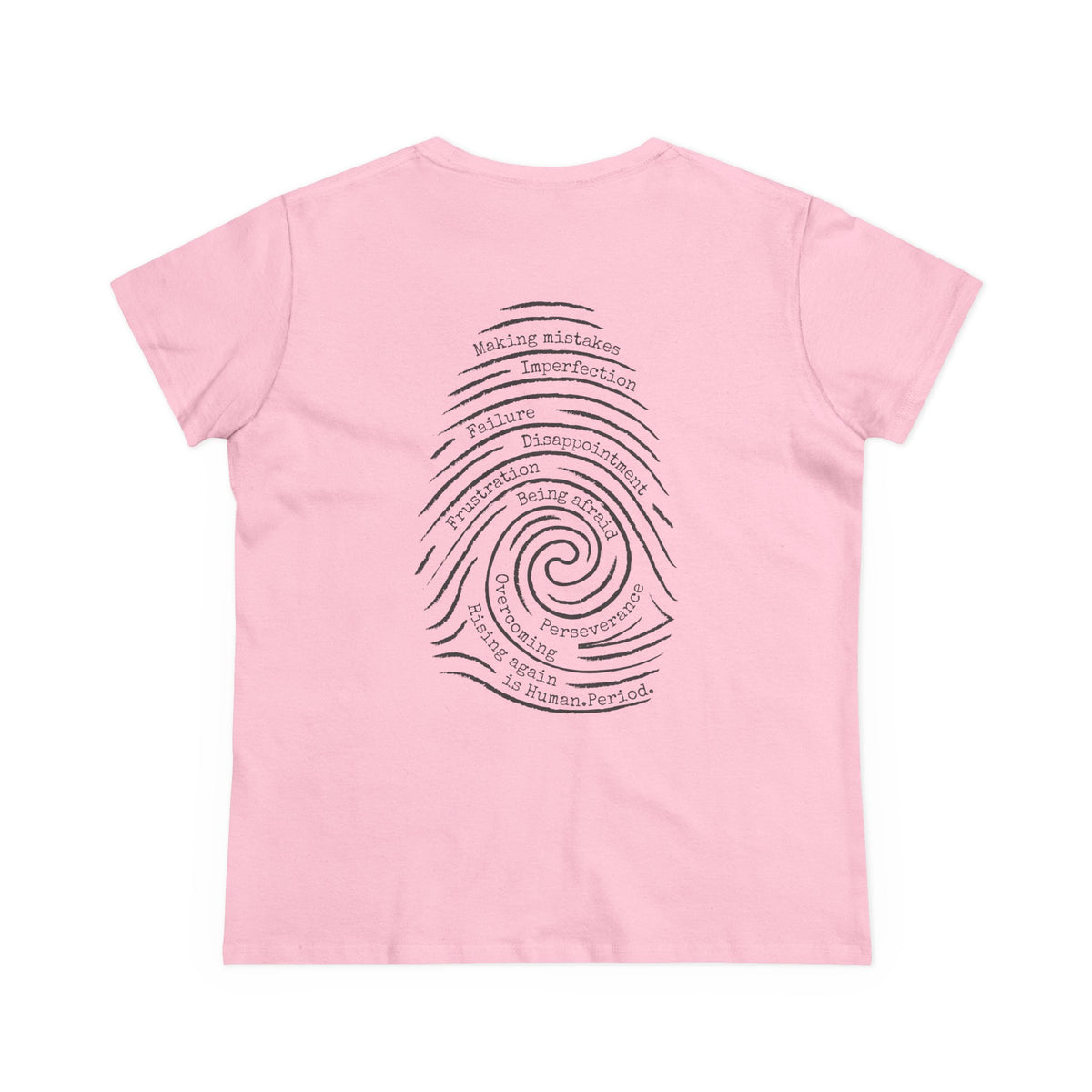 A light pink short-sleeve t-shirt shown from the back. The graphic is a spiral fingerprint design containing various words related to personal growth and self-reflection, such as 'Making Mistakes', 'Failure', and Overcoming.