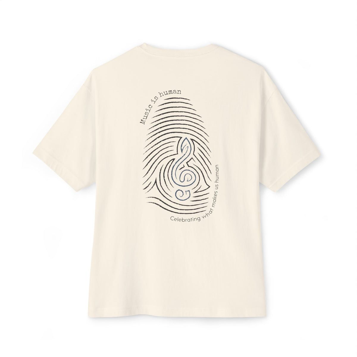 An off-white short-sleeve t-shirt shown from the back, featuring a black graphic of a fingerprint and musical notes with the text 'Music is human' and 'Celebrating what makes us human'.
