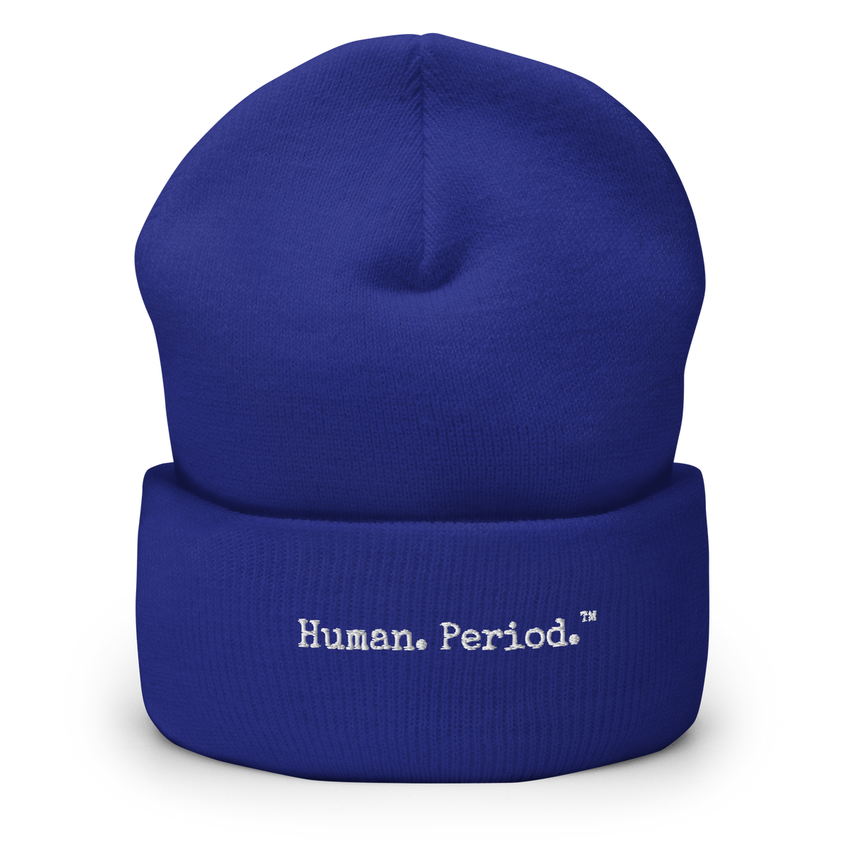 royal blue beanie with Human. Period. logo