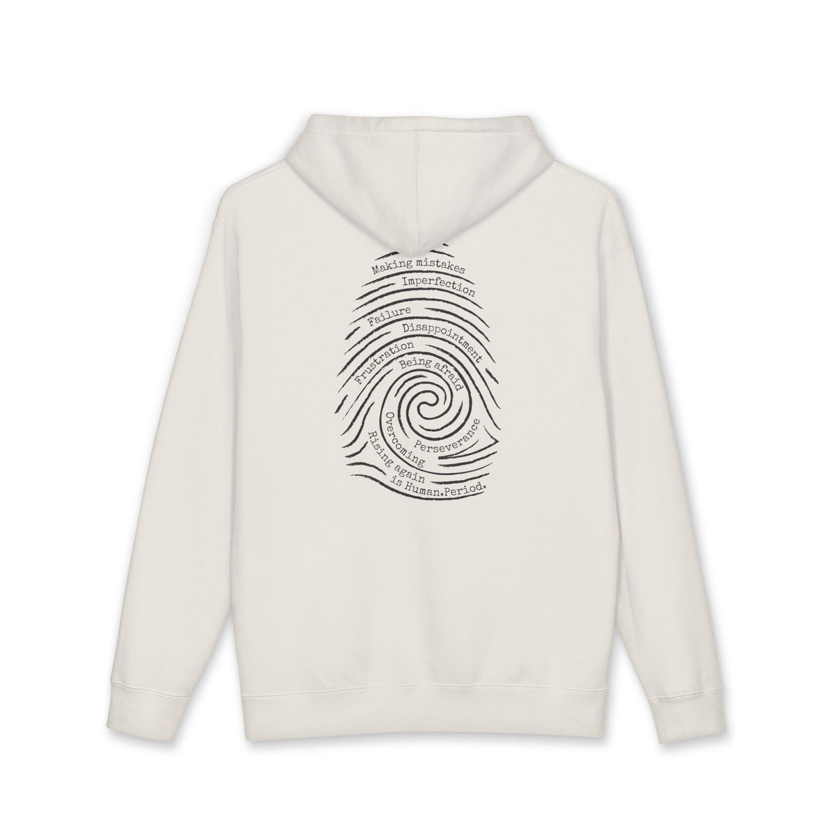 A cream hoodie with a graphic print of a spiral fingerprint on the back, set against a plain white background. Words like failure, making mistakes, perseverance and overcoming fill the spiral. 