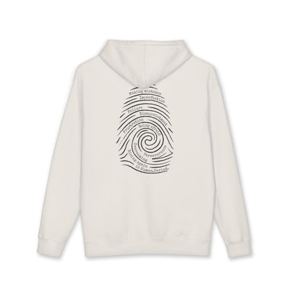 A cream hoodie with a graphic print of a spiral fingerprint on the back, set against a plain white background. Words like failure, making mistakes, perseverance and overcoming fill the spiral. 