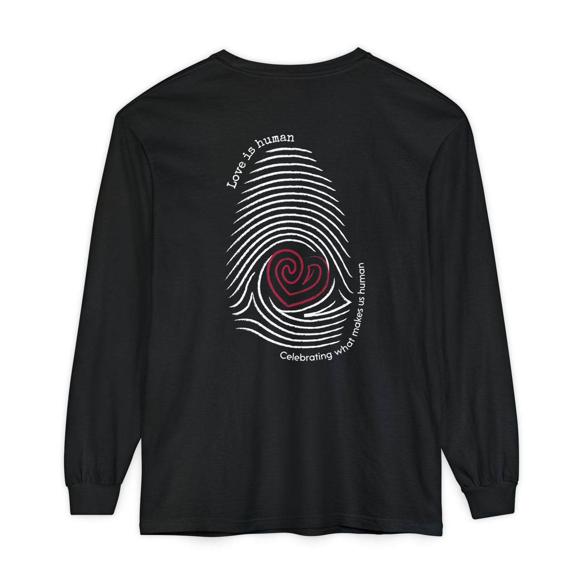 A black long-sleeve t-shirt with a graphic on the back featuring a white fingerprint pattern, a red heart in the center, and white text that reads 'Love is human' and 'Celebrating what makes us human'.