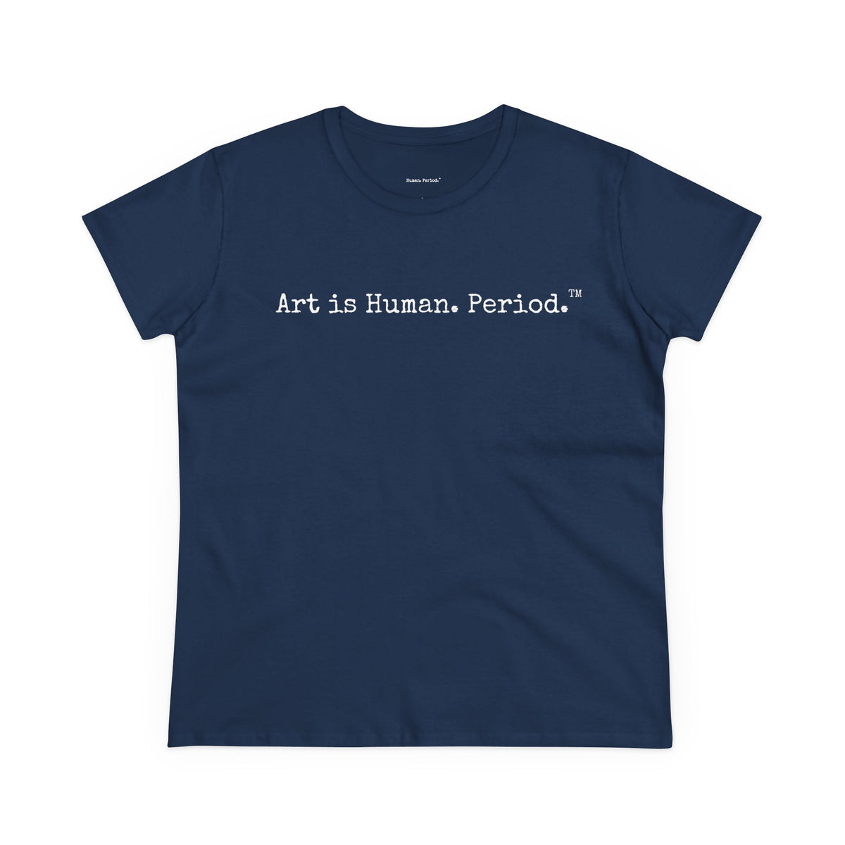 Navy blue t-shirt with Art is Human on a white background