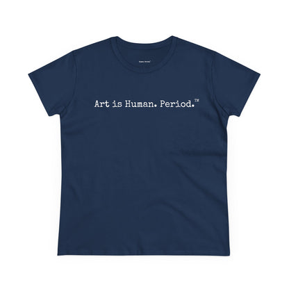 Navy blue t-shirt with Art is Human on a white background