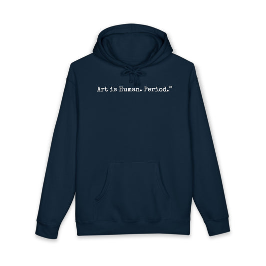 Navy hoodie with text "Art is Human. Period." across the front in typewriter font. On white background.