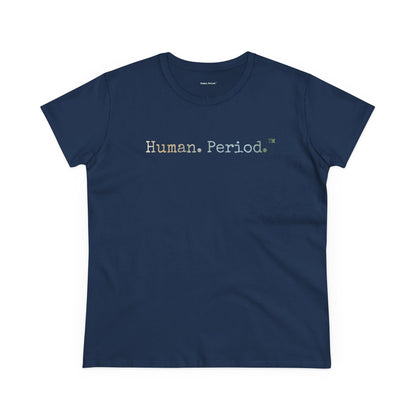 Navy blue t-shirt with Human. Period. text on a white background