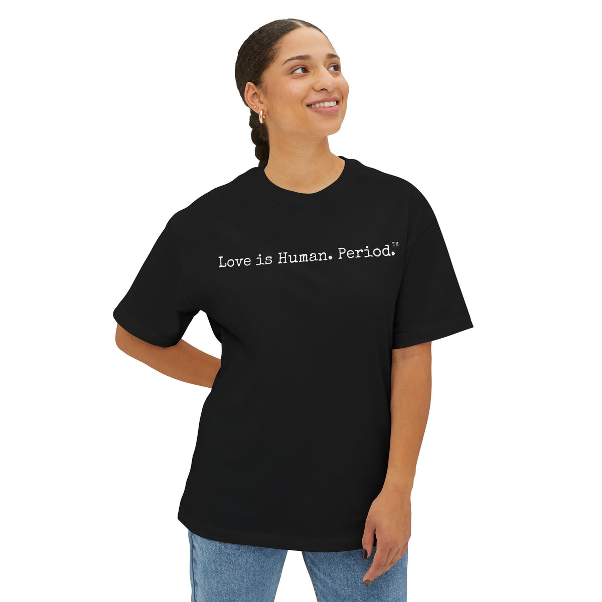 Person wearing a black t-shirt with a logo on a white background