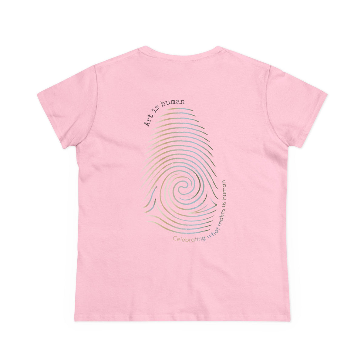A light pink short-sleeve t-shirt shown from the back, featuring a large spiral fingerprint graphic in a rainbow gradient with the text 'Art is human' and 'Celebrating what makes us human'.