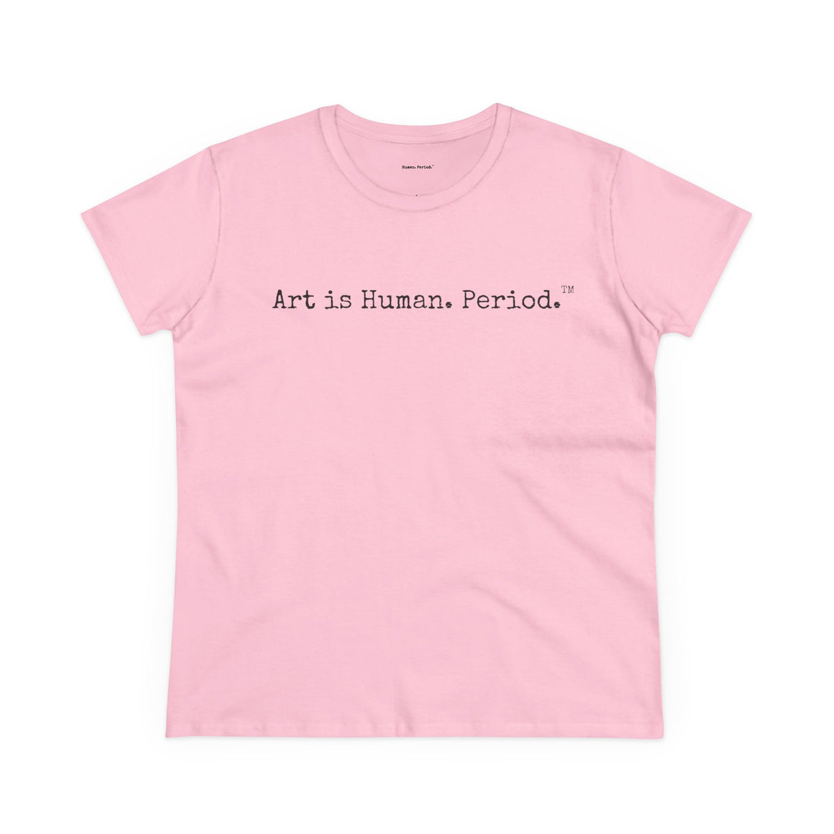 A light pink short-sleeve crewneck t-shirt with the text 'Art is Human. Period.