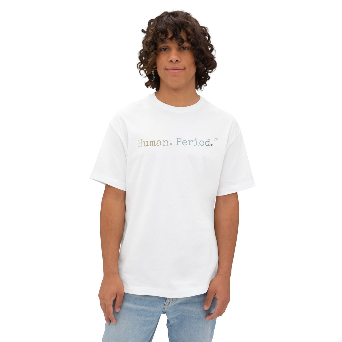 Person wearing a white t-shirt with a Human Period logo on a white background
