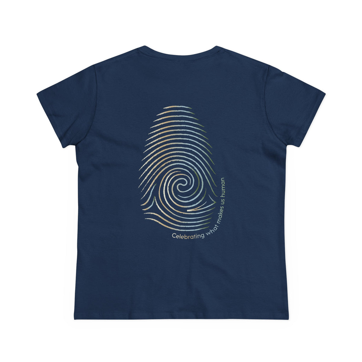 A navy blue short-sleeve t-shirt shown from the back, featuring a large graphic of a spiral fingerprint in white and gold stripes, with the text 'Celebrating what makes us human.' 