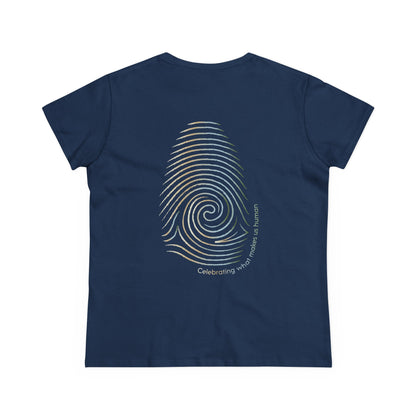 A navy blue short-sleeve t-shirt shown from the back, featuring a large graphic of a spiral fingerprint in white and gold stripes, with the text 'Celebrating what makes us human.' 