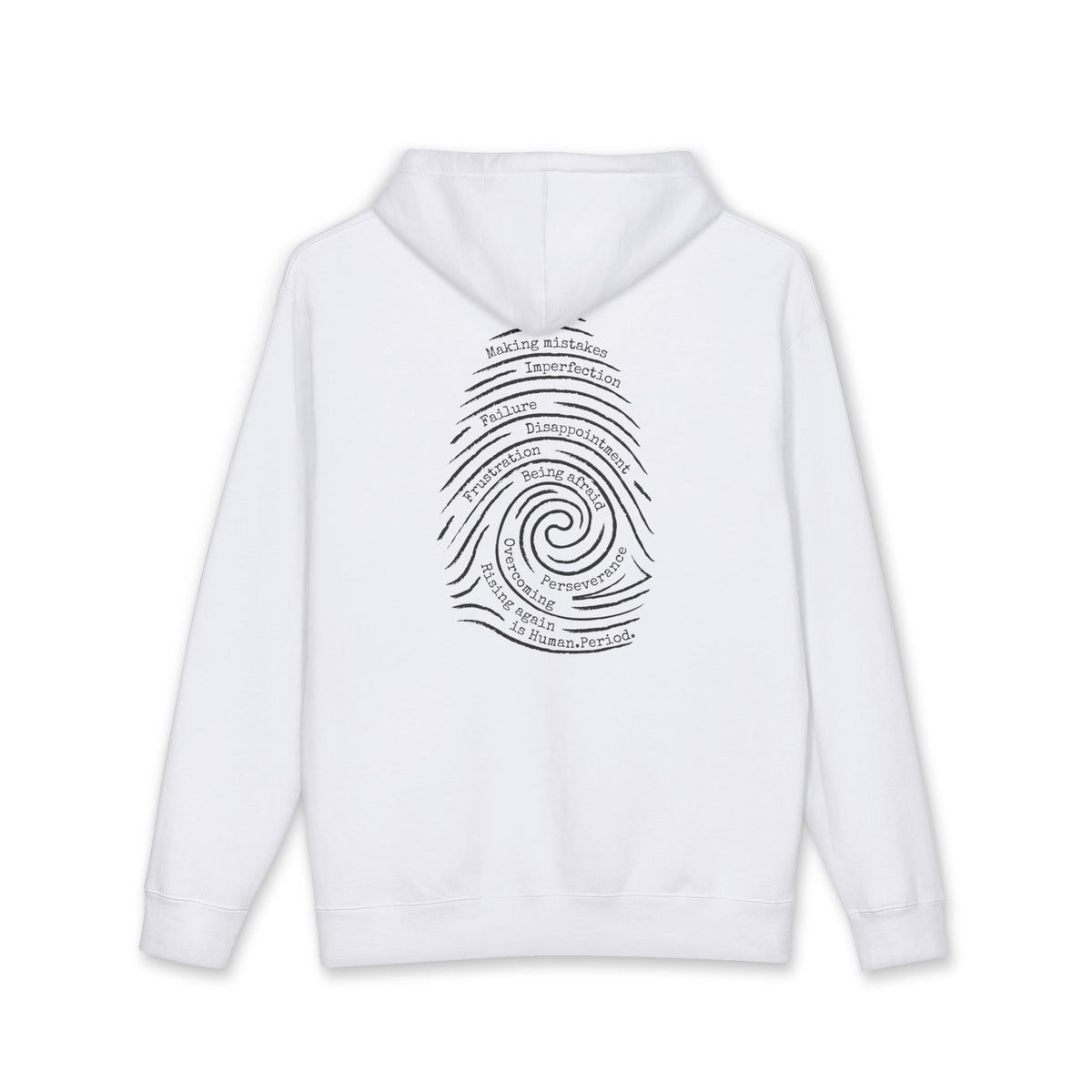 A white hoodie with a graphic print of a spiral fingerprint on the back, set against a plain white background. Words like failure, making mistakes, perseverance and overcoming fill the spiral. 