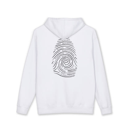 A white hoodie with a graphic print of a spiral fingerprint on the back, set against a plain white background. Words like failure, making mistakes, perseverance and overcoming fill the spiral. 