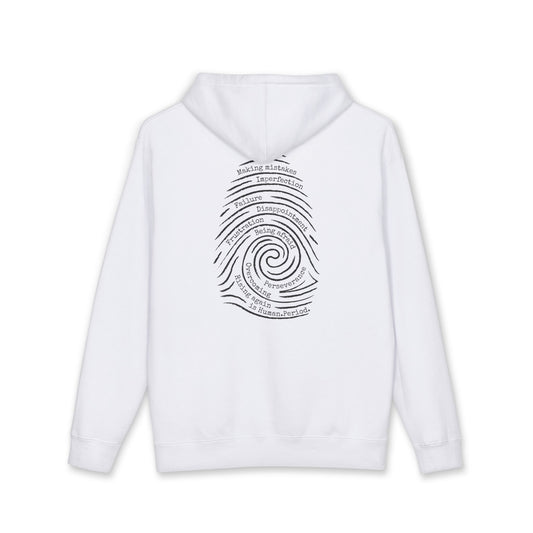 A white hoodie with a graphic print of a spiral fingerprint on the back, set against a plain white background. Words like failure, making mistakes, perseverance and overcoming fill the spiral. 
