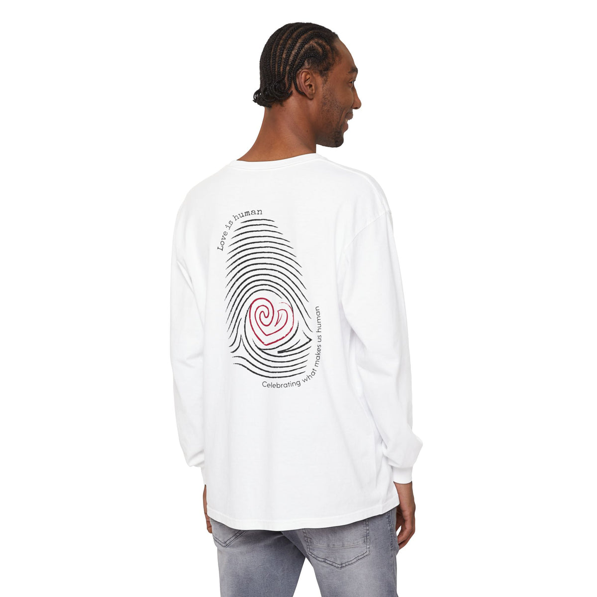 A man wearing a white long-sleeve t-shirt from the back, featuring a large graphic print of a fingerprint with a red spiral heart in the center and black text.