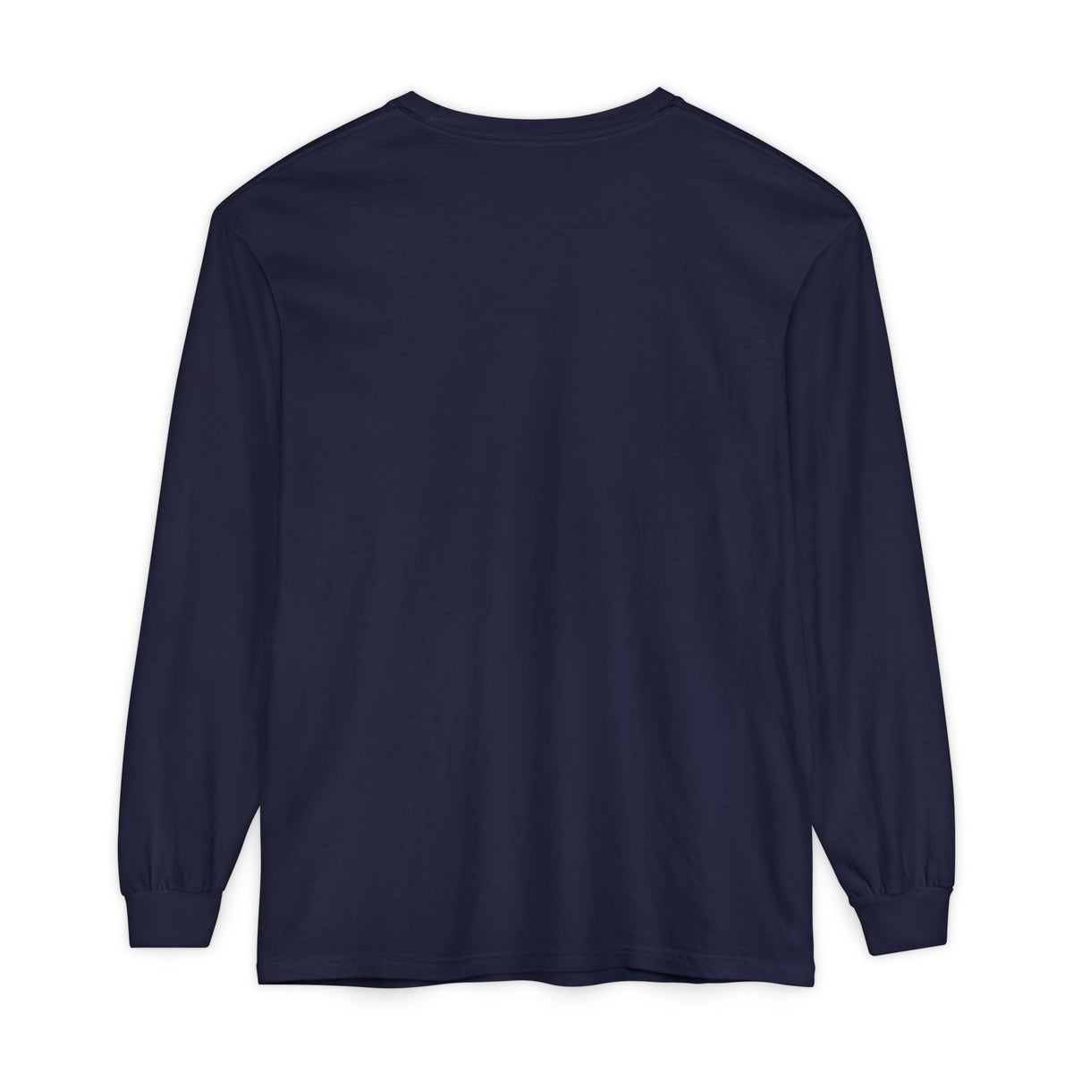 Navylong-sleeve shirt with text on the back against a white background