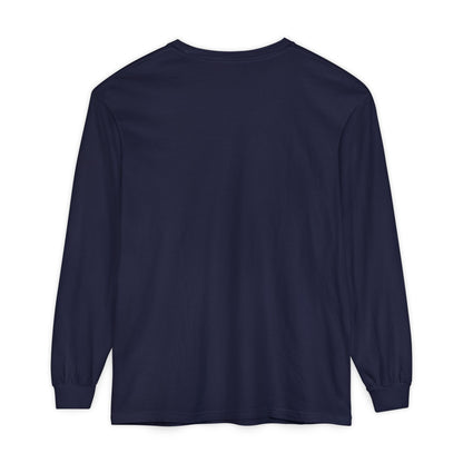 Navylong-sleeve shirt with text on the back against a white background