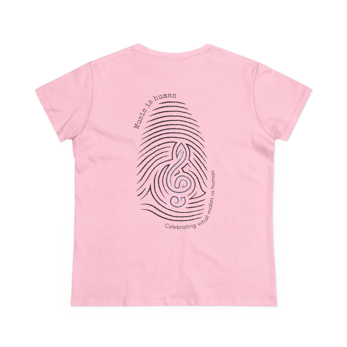 A light pink short-sleeve t-shirt shown from the back, featuring a large graphic print of a fingerprint and treble clef in dark purple, with the text 'Music is human' and 'Celebrating what makes us human.'