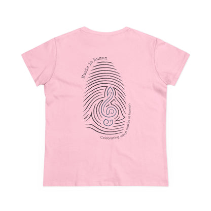 A light pink short-sleeve t-shirt shown from the back, featuring a large graphic print of a fingerprint and treble clef in dark purple, with the text 'Music is human' and 'Celebrating what makes us human.'
