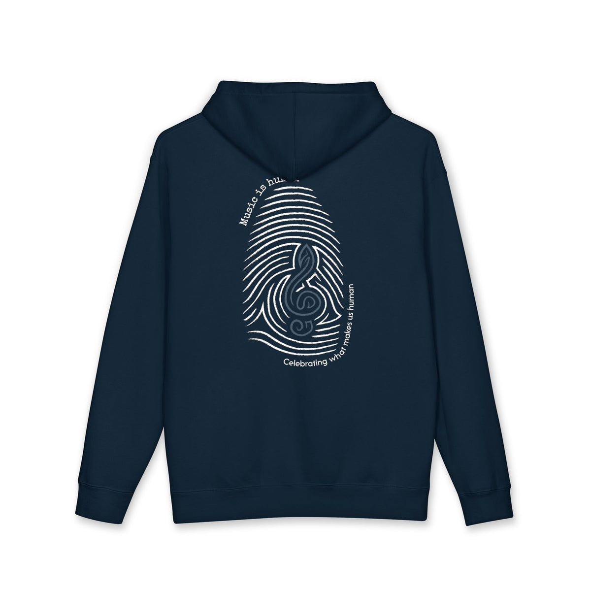 A navy blue hoodie shown from the back, featuring a white graphic print of a fingerprint with a musical staff and clef symbol in the center, surrounded by curved text.