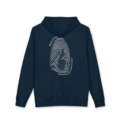 A navy blue hoodie shown from the back, featuring a white graphic print of a fingerprint with a musical staff and clef symbol in the center, surrounded by curved text.