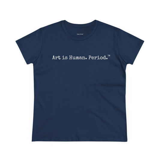 Navy blue t-shirt with 'art is human' on a white background
