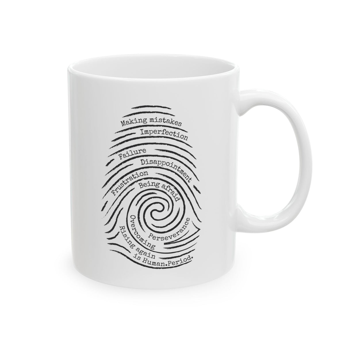 A white ceramic mug with a black printed graphic of a spiral fingerprint made of words like 'failure', 'disappointment', and 'perseverance' on a clean white background.
