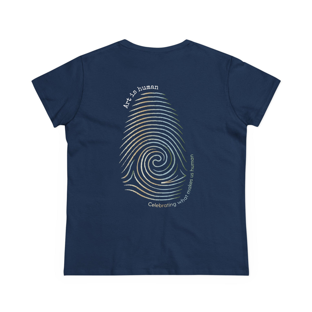 A navy blue short-sleeve t-shirt shown from the back, featuring a large graphic of a spiral fingerprint in white and gold with the text 'Art is human' and 'Celebrating what makes us human'.