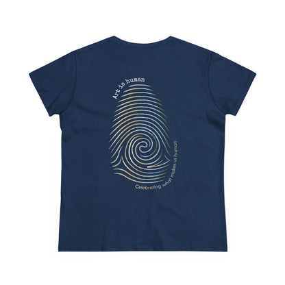 A navy blue short-sleeve t-shirt shown from the back, featuring a large graphic of a spiral fingerprint in white and gold with the text 'Art is human' and 'Celebrating what makes us human'.