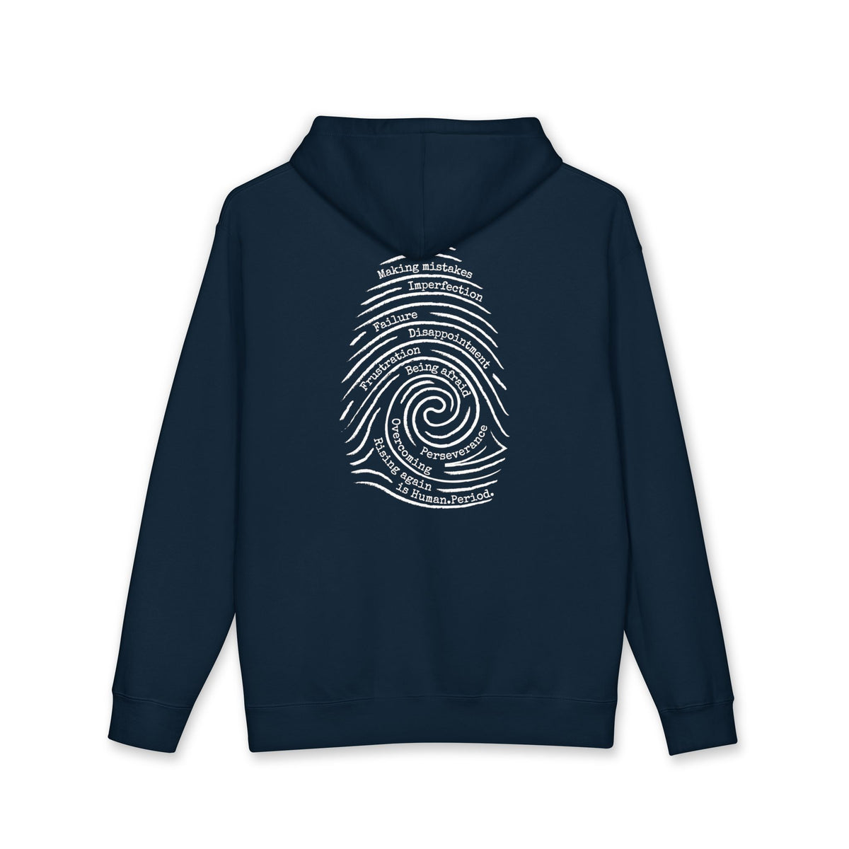 A navy hoodie with a graphic print of a spiral fingerprint on the back, set against a plain white background. Words like failure, making mistakes, perseverance and overcoming fill the spiral. 