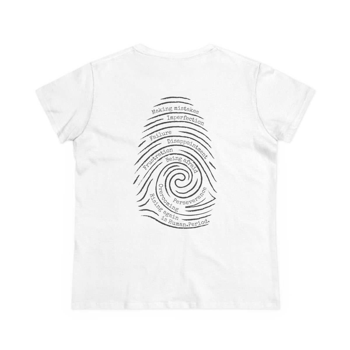 A white short-sleeve t-shirt shown from the back. The graphic is a spiral fingerprint design containing various words related to personal growth and self-reflection, such as 'Making Mistakes',  'Failure', and Overcoming.