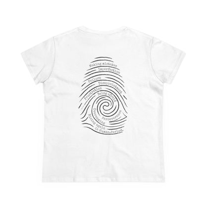 A white short-sleeve t-shirt shown from the back. The graphic is a spiral fingerprint design containing various words related to personal growth and self-reflection, such as 'Making Mistakes',  'Failure', and Overcoming.
