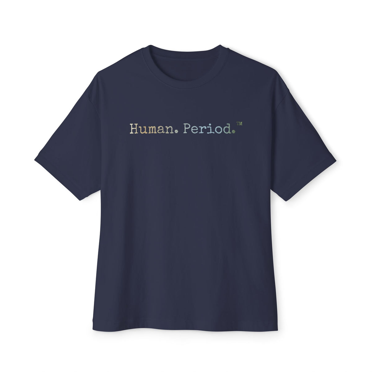 Black t-shirt with 'Human Period' text on a white background