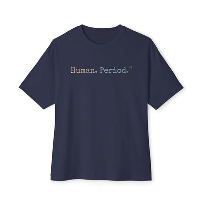 Black t-shirt with 'Human Period' text on a white background