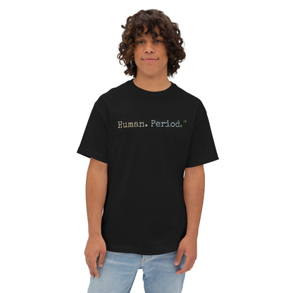 Person wearing a black t-shirt with Human Period text on a white background