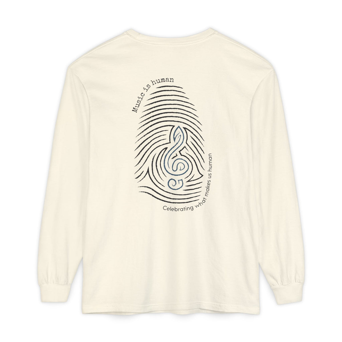 An off-white long-sleeve t-shirt shown from the back, featuring a black graphic of a fingerprint and treble clef with the text 'Music is human' and 'Celebrating what makes us human'.