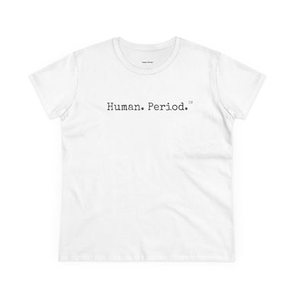 A white short-sleeve crewneck t-shirt with the text 'Human. Period.