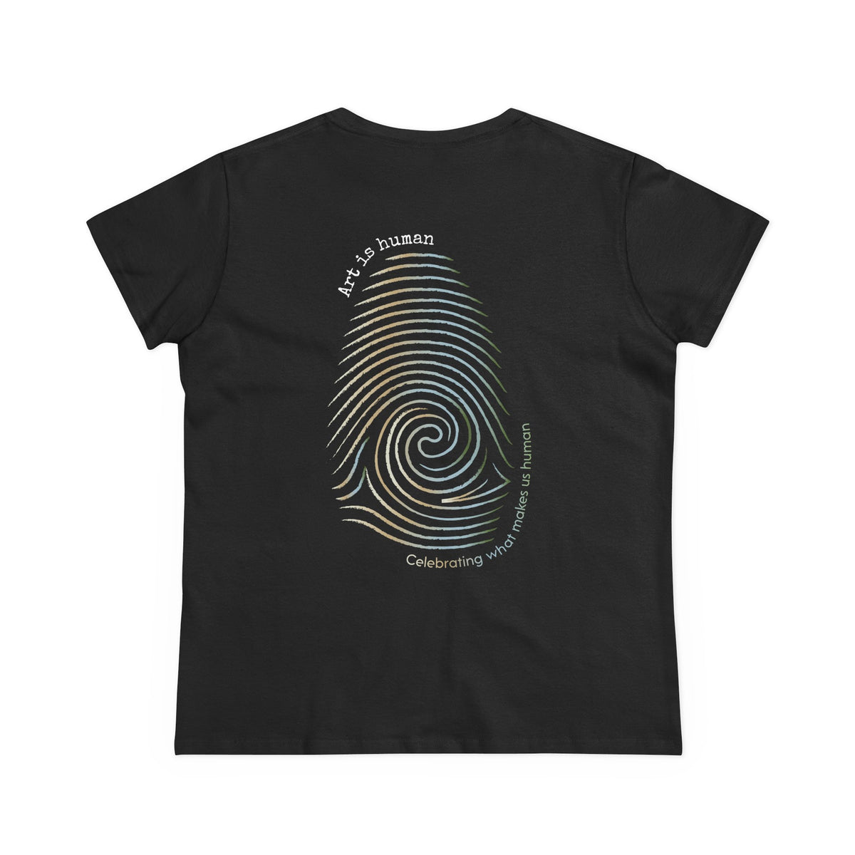 A black short-sleeve t-shirt shown from the back, featuring a large graphic of a spiral fingerprint in iridescent rainbow colors. Curved text surrounds the fingerprint reading 'Art is human' and 'Celebrating what makes us human'.