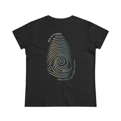 A black short-sleeve t-shirt shown from the back, featuring a large graphic of a spiral fingerprint in iridescent rainbow colors. Curved text surrounds the fingerprint reading 'Art is human' and 'Celebrating what makes us human'.