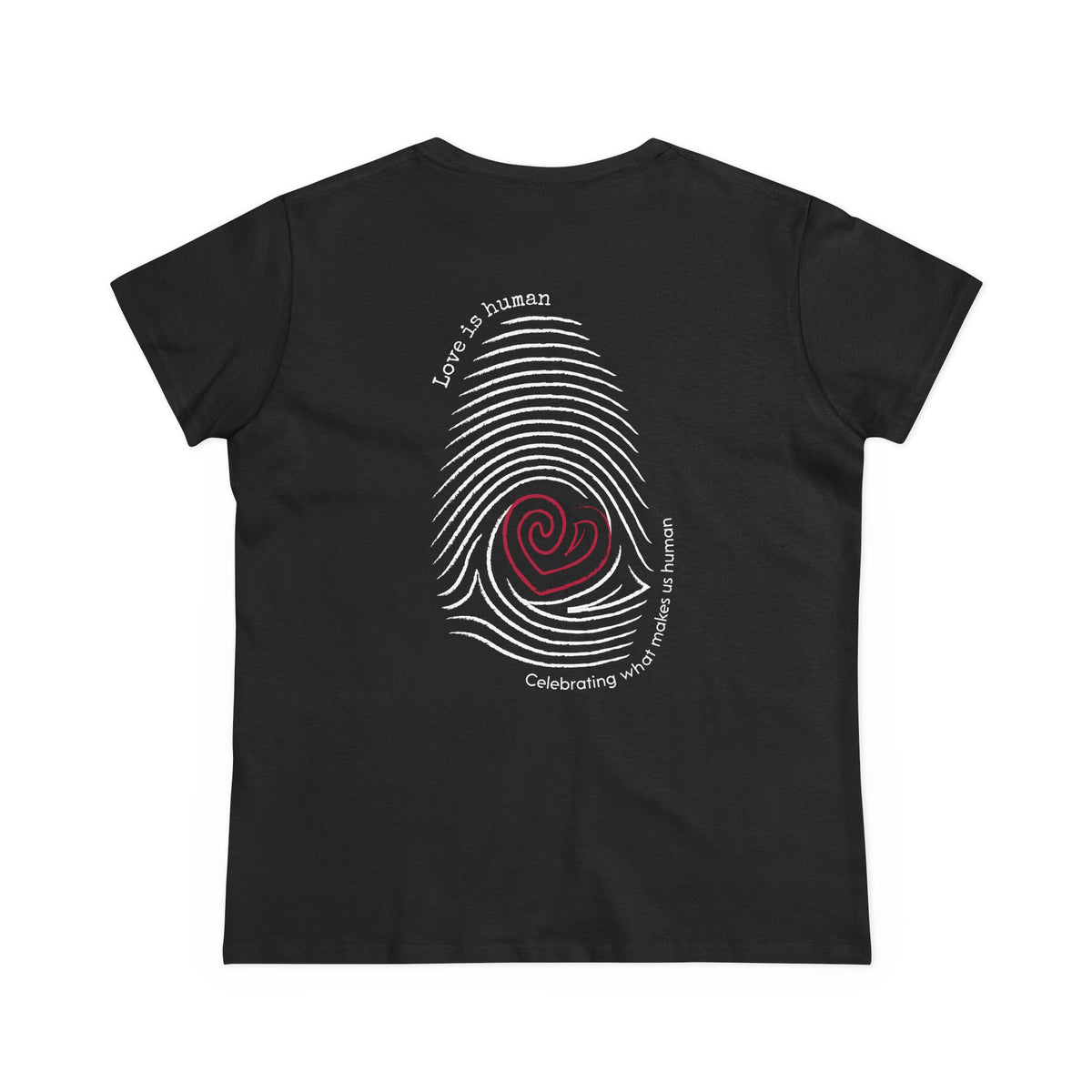 A black short-sleeve t-shirt shown flat against a white background, displaying the back side with a graphic of a white fingerprint containing a red heart in the center and white text reading Love is human.