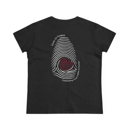 A black short-sleeve t-shirt shown flat against a white background, displaying the back side with a graphic of a white fingerprint containing a red heart in the center and white text reading Love is human.
