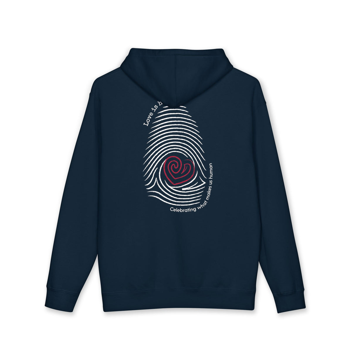 A navy blue hoodie shown from the back, featuring a large white fingerprint graphic with a red spiral center and white text reading 'Love is human'