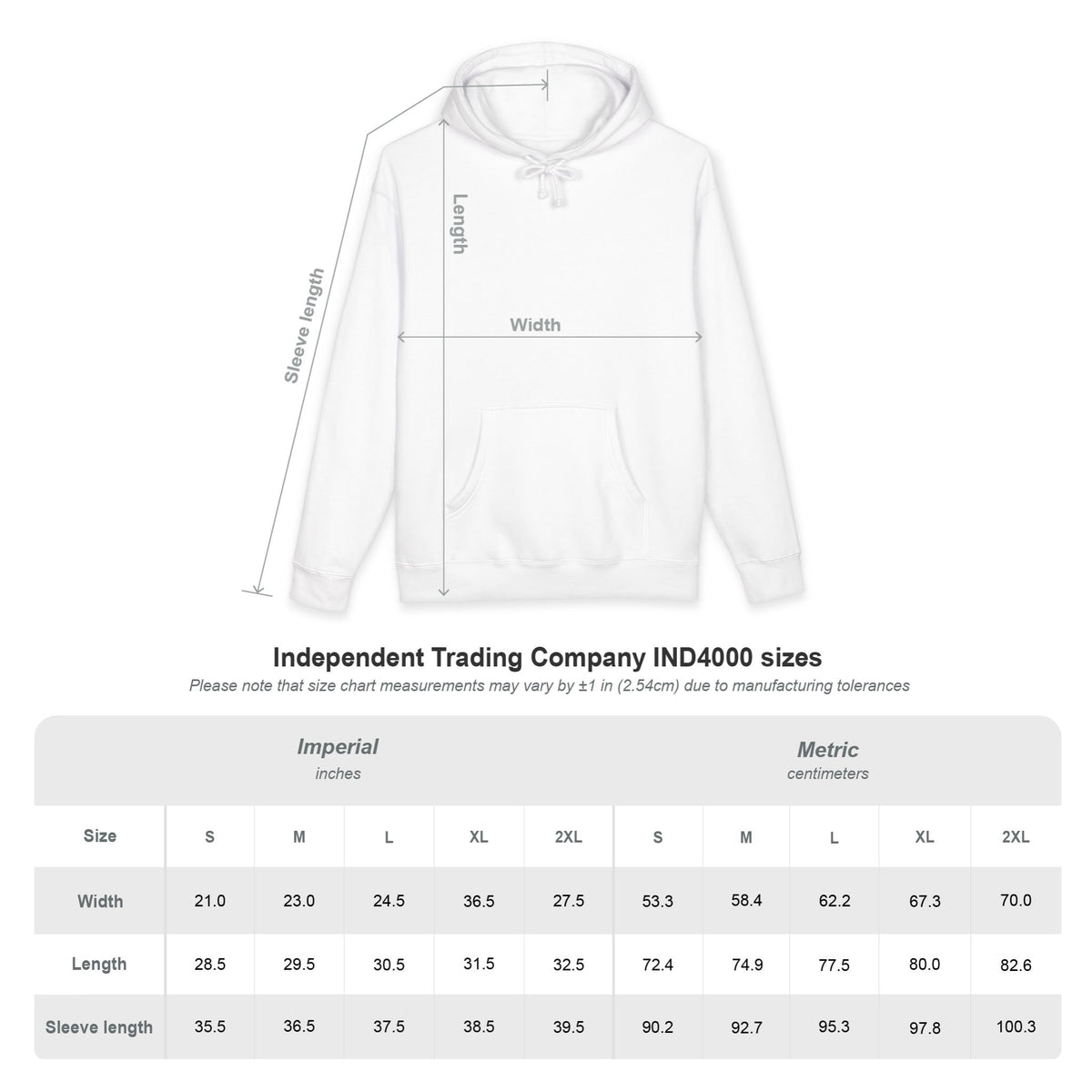 Measurement chart with picture of white hoodie