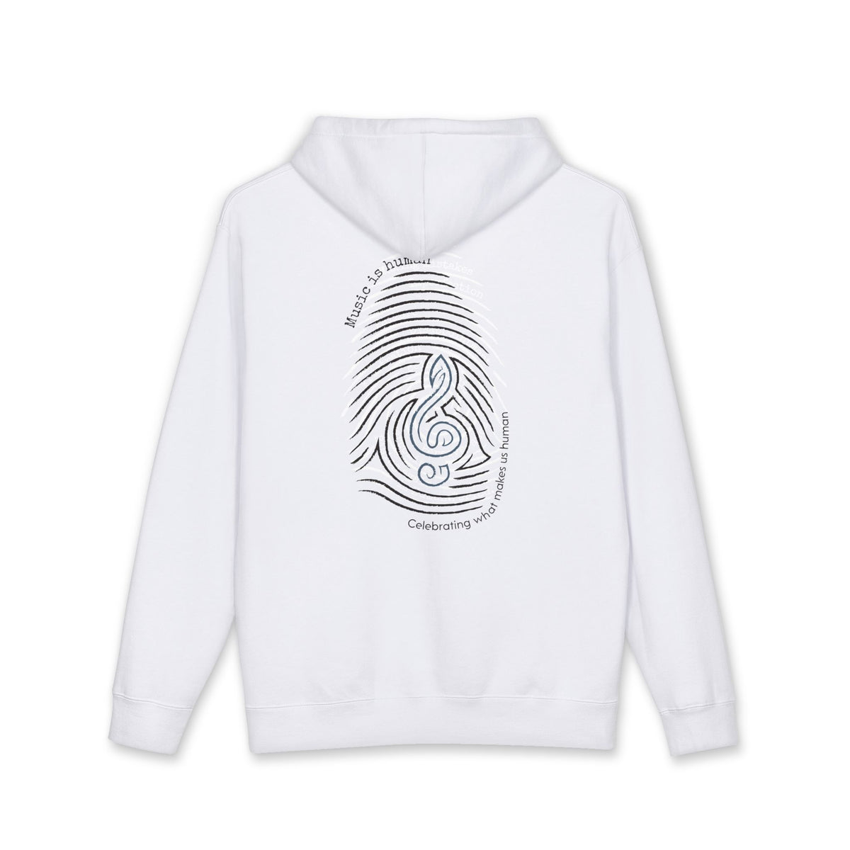 A white pullover hoodie with a black graphic print on the back depicting a fingerprint pattern overlaid with a treble clef and the words Music is Human