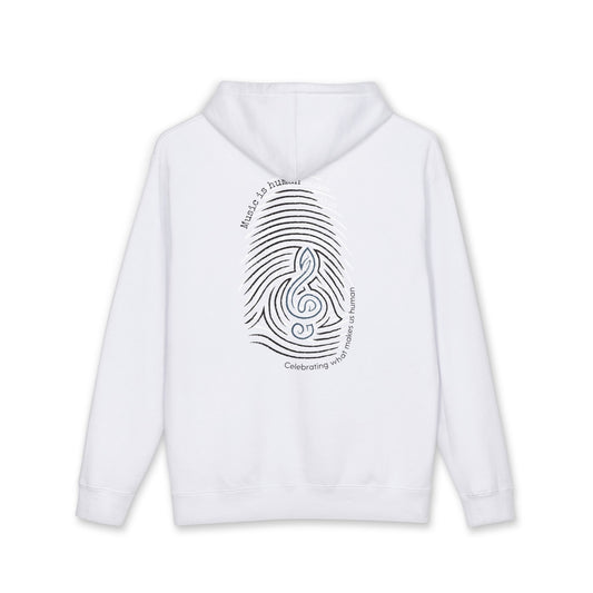 A white pullover hoodie with a black graphic print on the back depicting a fingerprint pattern overlaid with a treble clef and the words Music is Human
