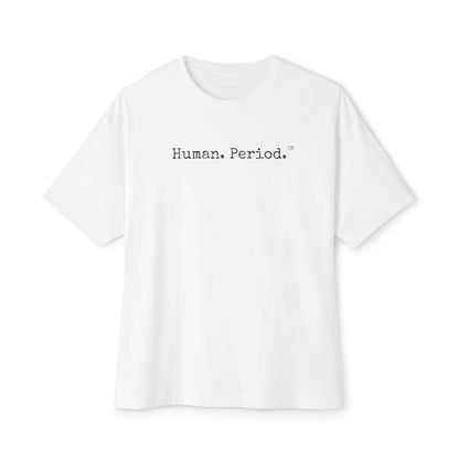 White tshirt with Human.Period. text in center of front on white background