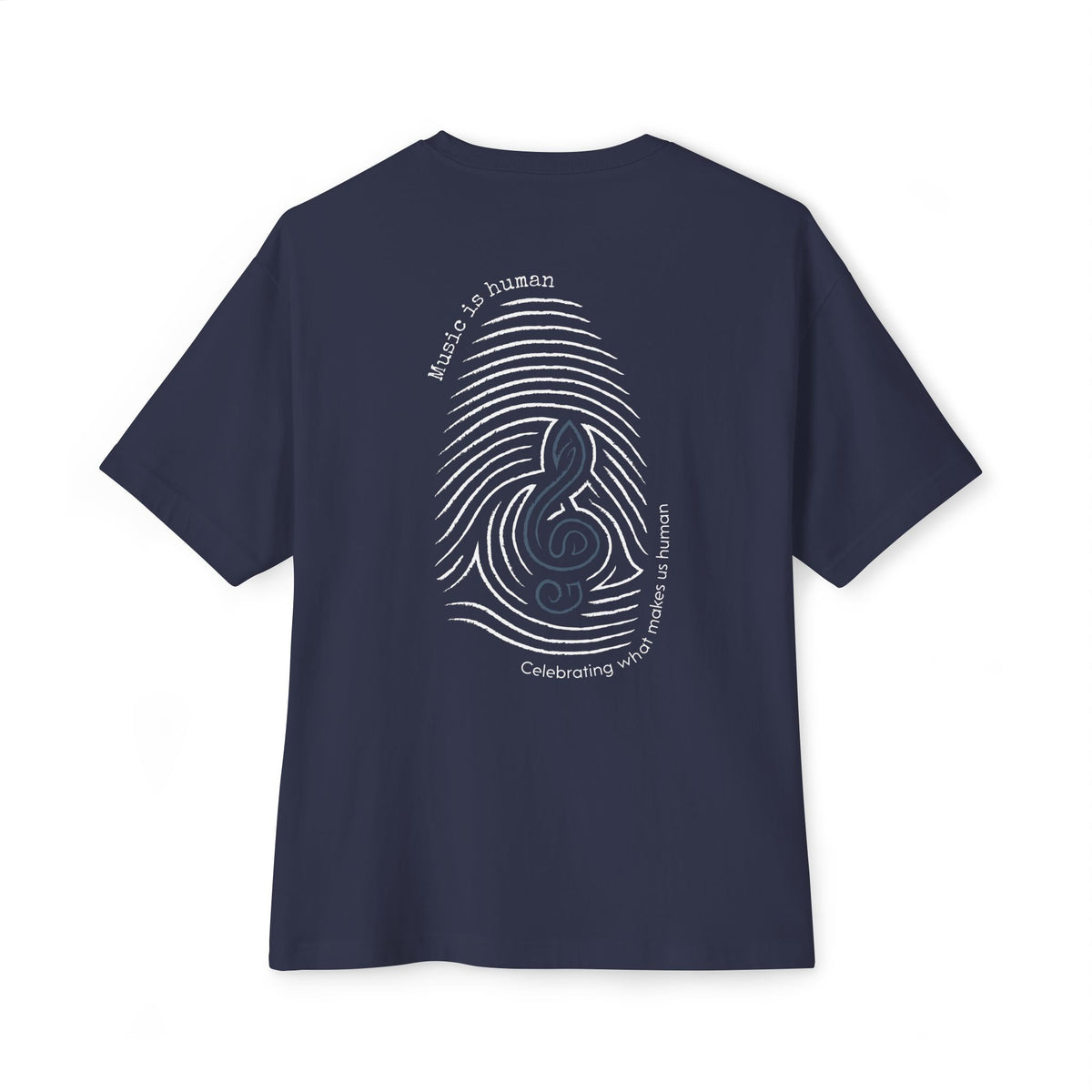 A navy blue short-sleeve t-shirt shown from the back, featuring a white graphic print of a fingerprint and treble clef with the text 'Music is human' and 'Celebrating what makes us human.'